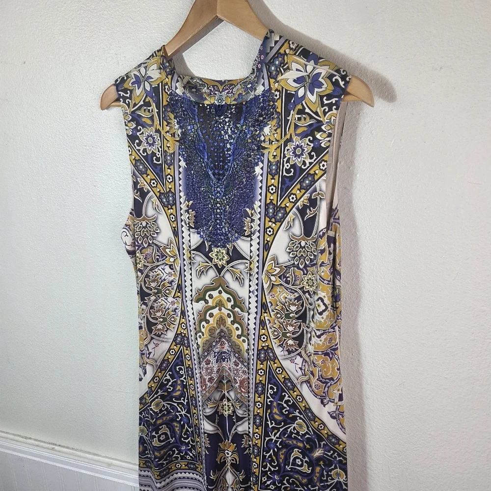 One World Womens XL Boho Maxi Dress Rhinestone Embellished Blue Lace Back - Picture 10 of 12